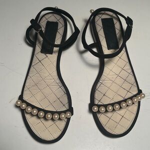 CHANEL Black Sandals with Pearl Accents